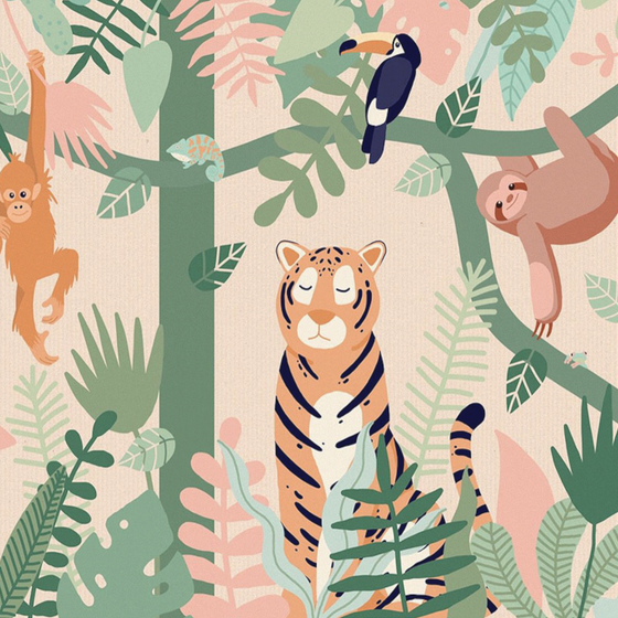 Custom Hand-Painted Cartoon Animal Wallpaper - Jungle Tigers in Watercolor Nursery Background in Green