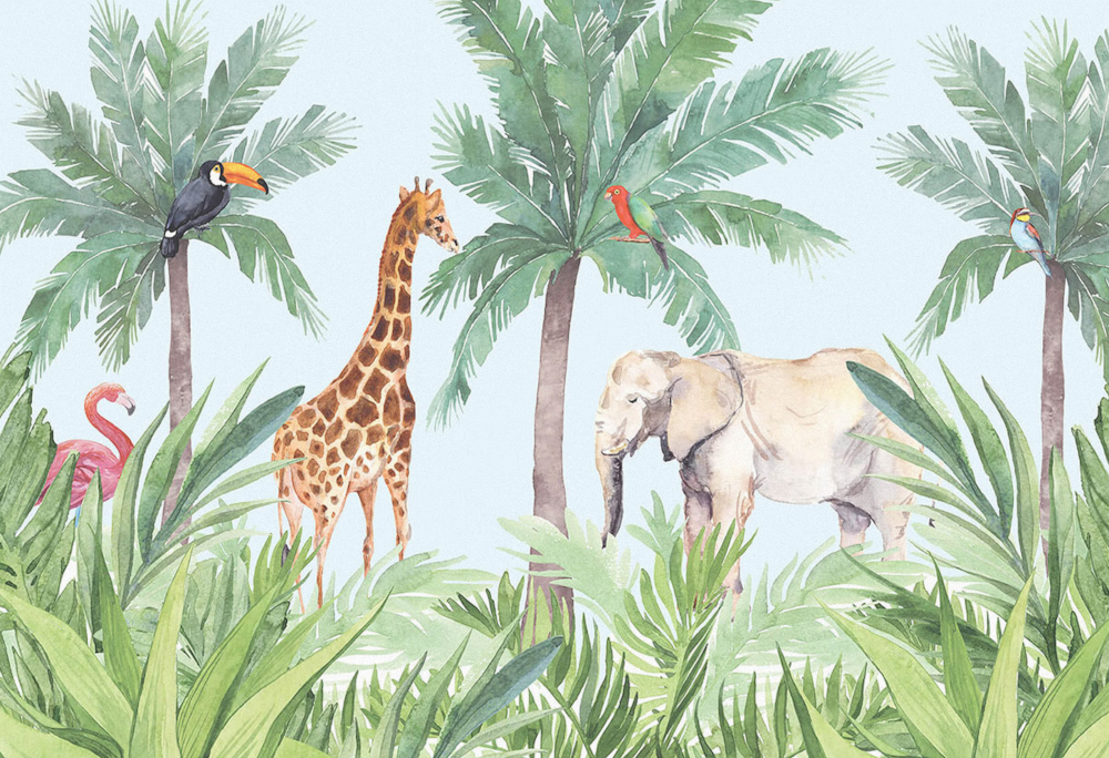 Giraffe & Elephant Hand-Painted Cartoon Wallpaper Custom Yixuan Mural
