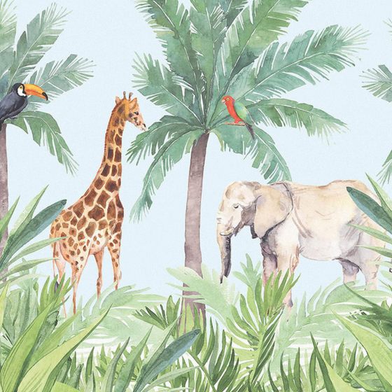 Giraffe & Elephant Hand-Painted Cartoon Wallpaper Mural 3D Model in Green