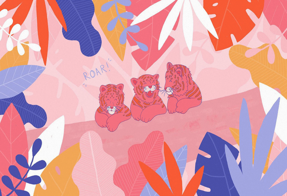 Three Tigers Hand-Painted Wallpaper 3D Model