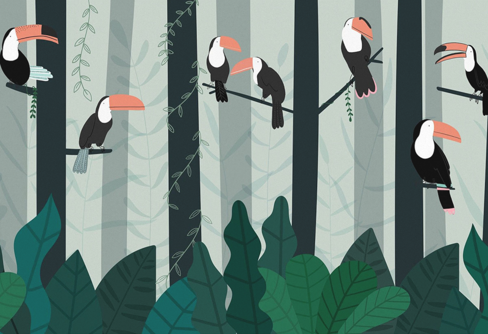 Toucan Hand-Painted Cartoon Animal Wallpaper Custom Yixuan Mural Watercolor Jungle Nursery Background Wall Pattern Wall Fabric for Children's Room