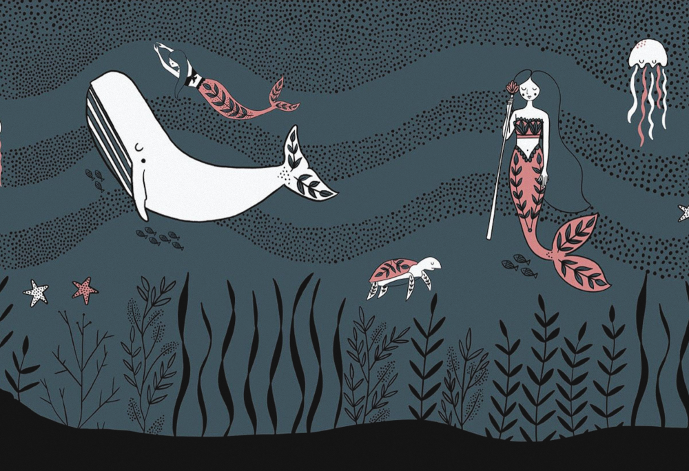 Custom hand-drawn whale cartoon wallpaper for children's room